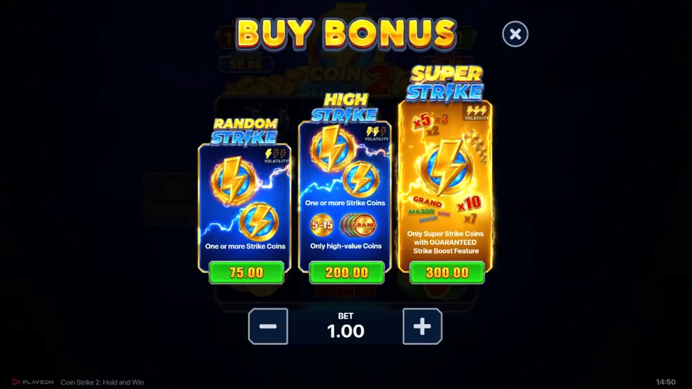 Menu d'achat de bonus avec 3 options : Random Strike, High Strike, Super Strike