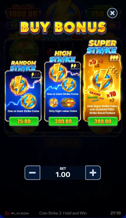 Bonus buy menu with 3 options presented: Random Strike, High Strike, Super Strike